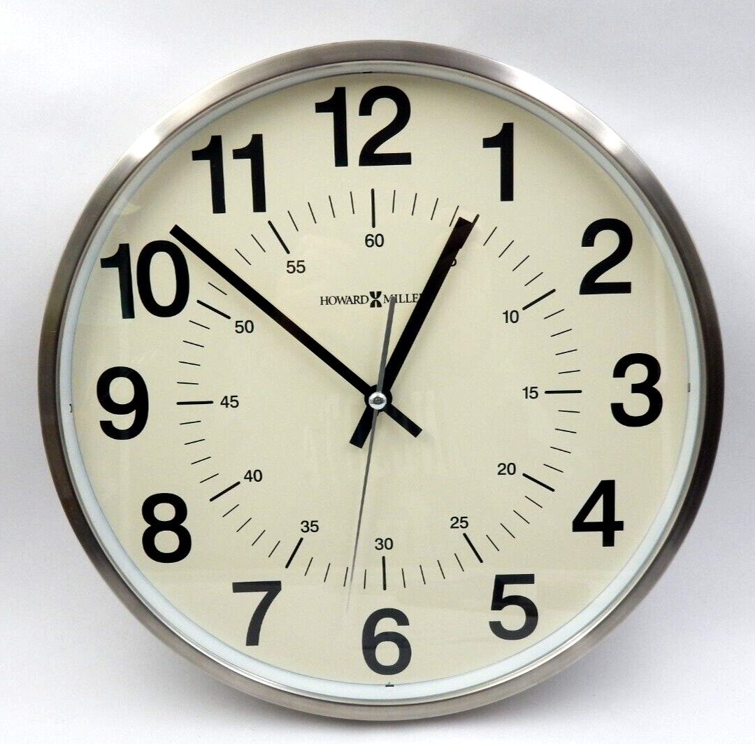 LARGE HOWARD MILLER STAINLESS STEEL ANALOG WALL CLOCK ~ MODEL 625-207