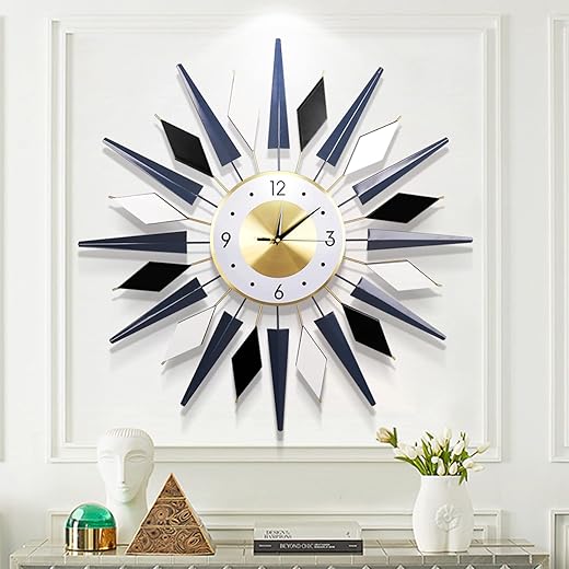 Large Metal DecorativeSilent Non-Ticking Modern Big Wall Clocks for Living Room Dining Room Bedroom Decor, Dia 24 Inch Blue Black White