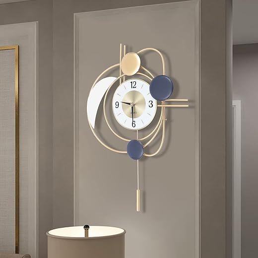 Large Modern Metal Wall Clocks Luxury Silent Hanging Clock with Swing Pendulum for Kitchen, Living Room, Bedroom, Wall Art Decor (Style A)