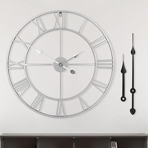 Large Modern Metal Wall Clocks Vintage Round Silent Non Ticking Battery Operated Silver Roman Numerals Clock for Living Room/Bedroom/Kitchen Wall Decor-40cm