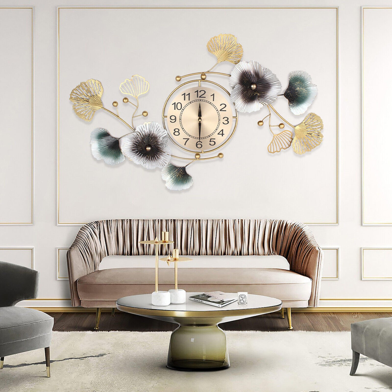 Large Non Ticking Wall Clocks,Modern Ginkgo Leaf Wall Clocks, Metal Wall Decor