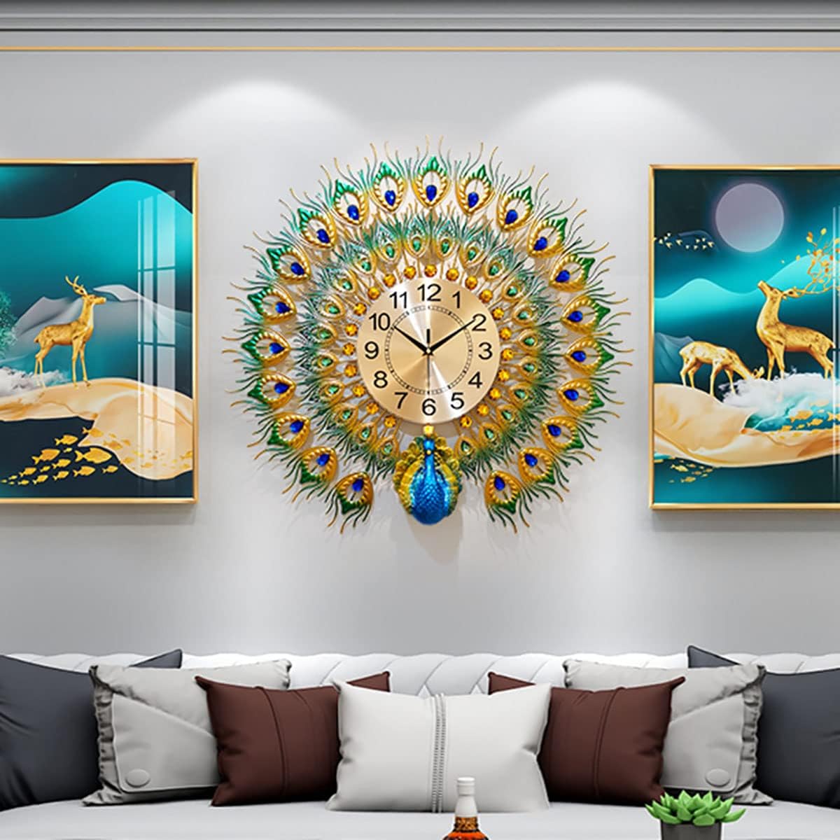 Large Peacock Wall Clock 27.6 inch Metal Design Non-Ticking Silent Art Digital Wall Clocks for Living Room Decor