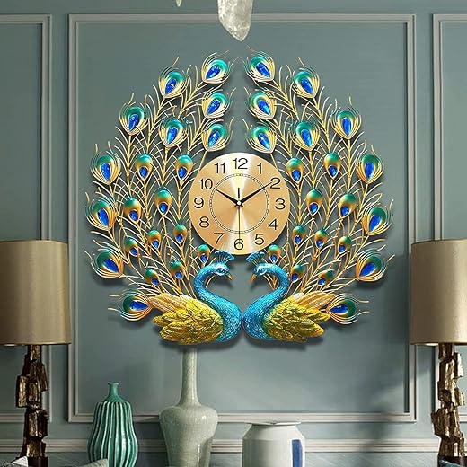 Large Peacock Wall Clock 27.6 inch Non-Ticking Silent Crystal Creative Personality Modern Art Decorative Wall Clocks for Living Room Decor (27.6 * 27.6inch, Yellow)