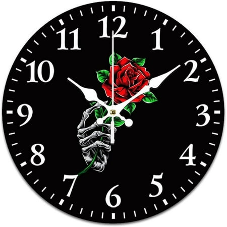 Large Round Wall Clock 13.4 Inch, Black Goth Skull Skeleton Hand Holding Red Rose Silent Non Ticking Digital Clock, Decoration Home Office Bedroom Living Room Mute Clock