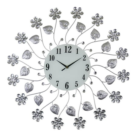 Large Round Wall Clock Openwork Metal with Flower Floral Detail and Clear Crystals in Silver