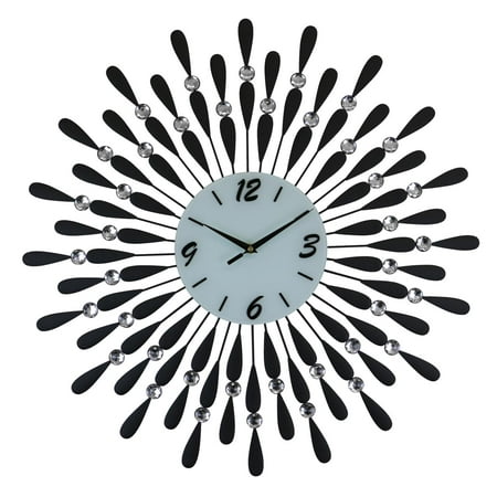 Large Round Wall Clock Openwork Sunburst Starburst Design in Black with Clear Acrylic Crystals