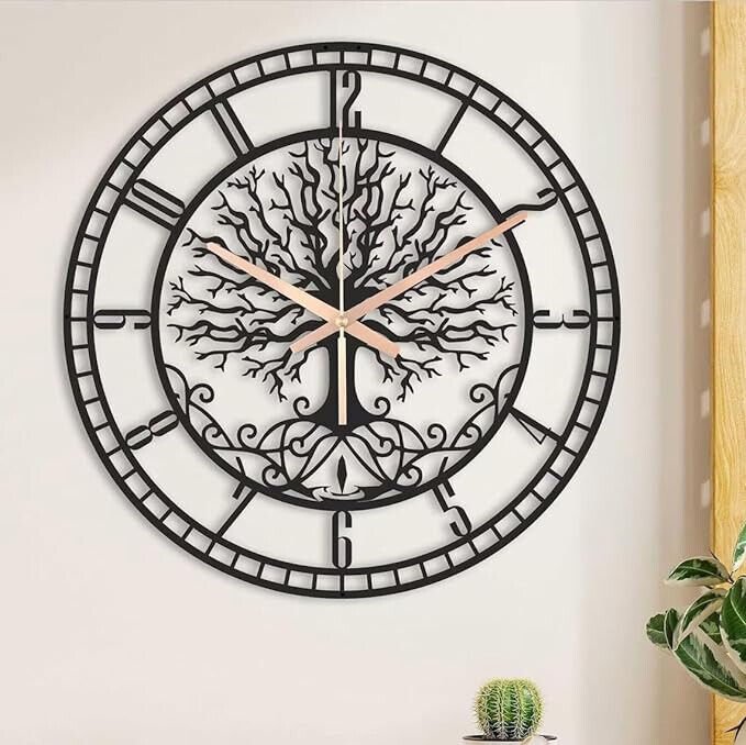 Large Tree of Life Clock, Metal Black Wall Clock, Oversized Wall Clock Home Deco