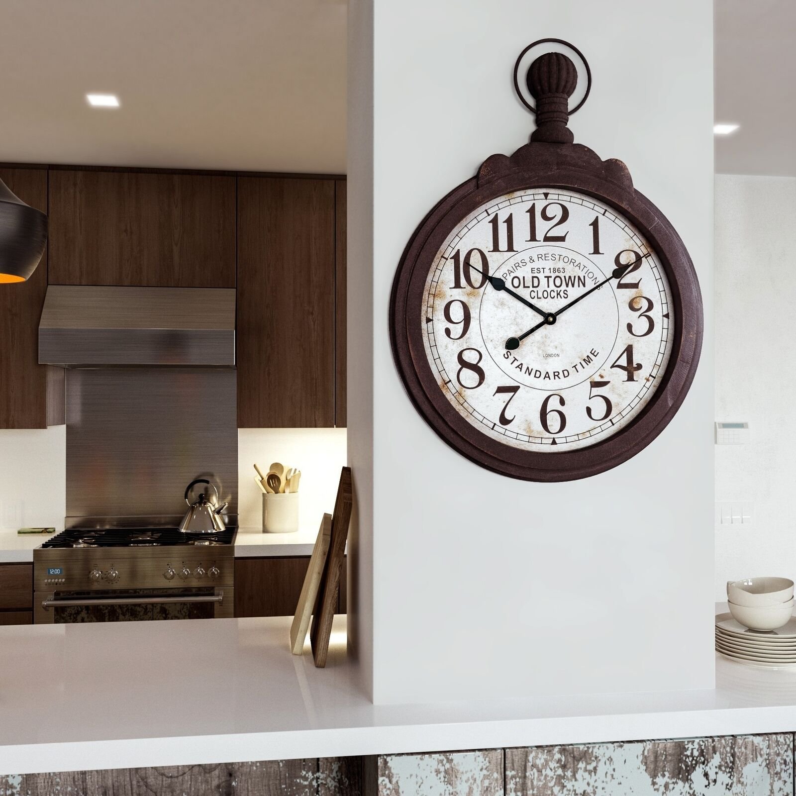 Large Vintage Pocket Watch Timepiece Wall Clock ~ Distressed Wood ~ Black Frame