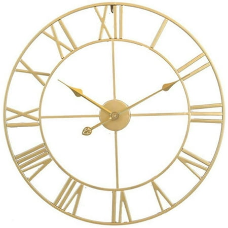 Large Vintage Style Wall Clock, Round, Metal, Silent, No Ticking, Battery Operated, 40cm, Black Roman Numerals, Living Room Clocks, Bedroom, Gold Kitchen Decor