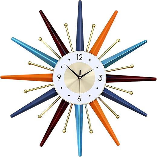 Large Wall Clock 22 Inch Mid Century Wall Clock Starburst Clock Non-Ticking Battery Operated Colorful Clock,Modern Home Decorations for Living Room Bedroom Kitchen Office,Wall Watch