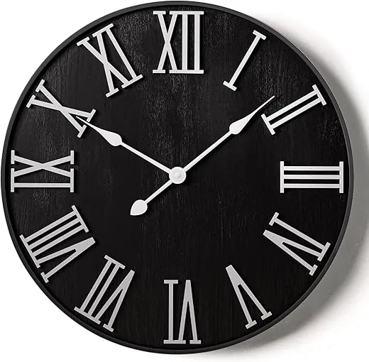 Large Wall Clock 24 Round - Silent Metal & Wood Large Clock - Farmhouse Wall Clock Large - 24 Inch Wall Clock For Living Room Decor - Big Wall Clock Roman Numerals - Wall Clocks For Living Room Decor