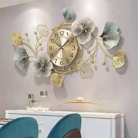 Large Wall Clock 37 Inch Creative Metal Ginkgo Leaf Design Silent Non Ticking Decoration Clocks for Living Room Bedroom Home