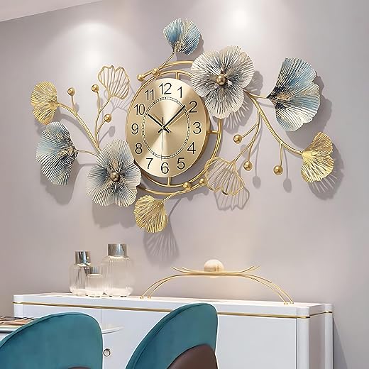 Large Wall Clock 37 Inch Creative Metal Ginkgo Leaf Design Wall Clock Silent Non Ticking Decoration Wall Clocks for Living Room Bedroom Home