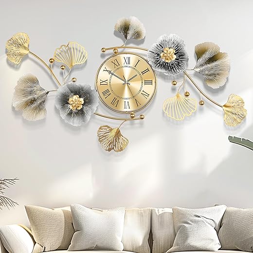 Large Wall Clock,3D Creative Metal Ginkgo Leaf Decoration Clock, with Silent Movement Decorative Wall Clock,Large Wall Decor, for Living Room Bedroom Kitchen Office（47''x23''）