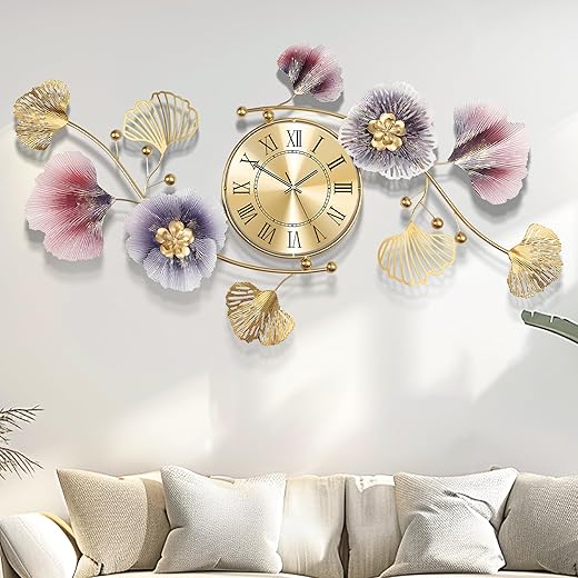 Large Wall Clock,3D Creative Metal Ginkgo Leaf Decoration Clock, with Silent Movement Decorative Wall Clock,Large Wall Decor, for Living Room Bedroom Kitchen Office（35''x20''）