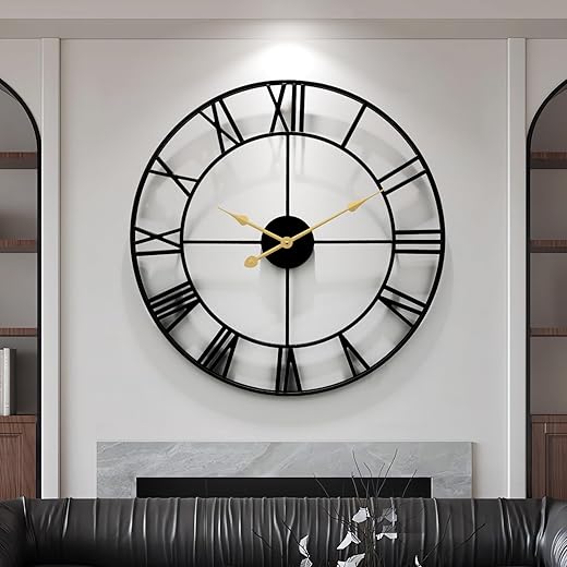 Large Wall Clock for Living Room,Decorative Round Modern Wall Clock,Roman Silent Black Clock Battery Operated for Bedroom/Kitchen/Entryway/Office/Farmhouse 19Inch