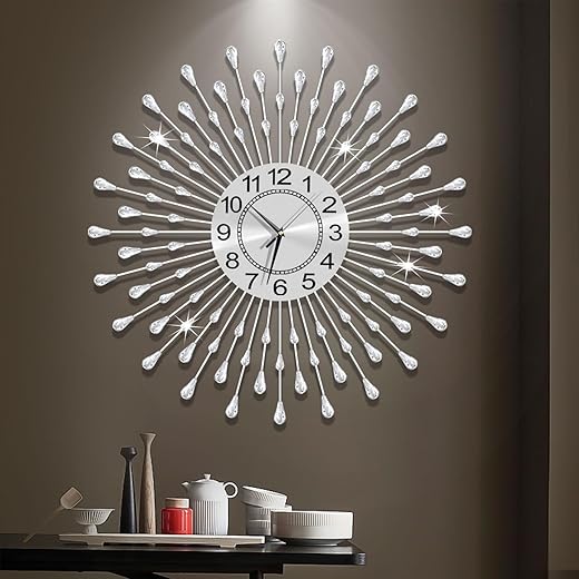 Large Wall Clock Metal Decorative Wall Clocks Silent Non-Ticking,Bling Shining Modern Art Starburst Big Wall Clocks for Living Room Bedroom Dining Room Kitchen Decor,Dia 28 Inch Silver