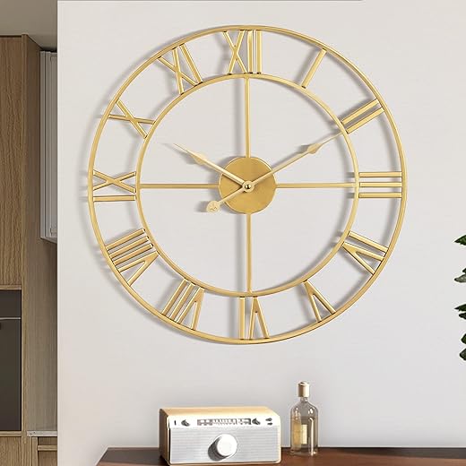 Large Wall Clock, Metal Retro Roman Numeral Clock, Modern Round Wall Clocks Almost Silent, Easy to Read for Living Room/Home/Kitchen/Bedroom/Office/School Decor (Gold, 16 Inch)