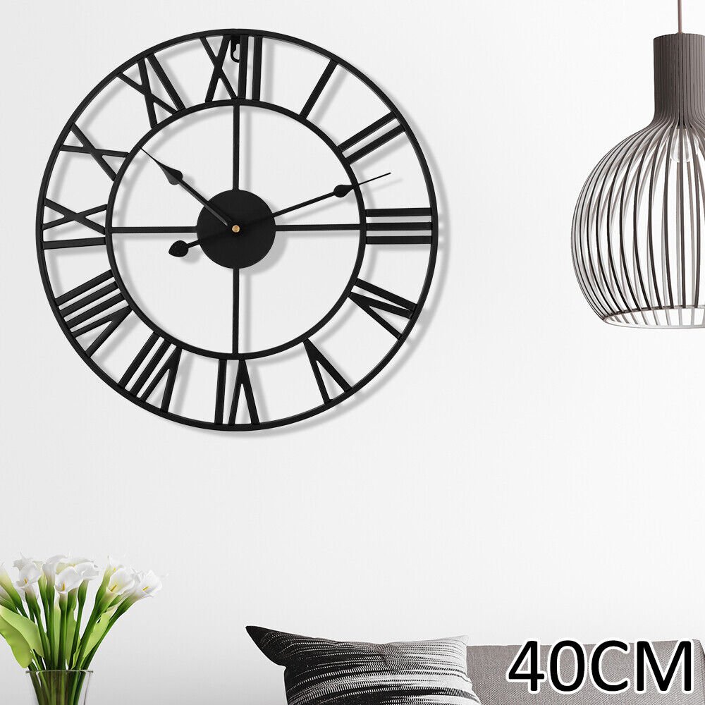 Large Wall Clock Roman Big Numeral Giant Round Face Garden 40cm Silent Black`