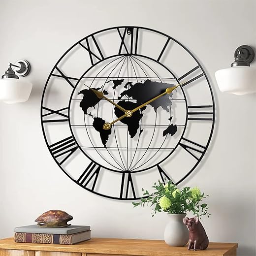 Large World Map Wall Clock,Metal Minimalist Modern Clock,Round Decorative Silent Non-Ticking Battery Operated Wall Clocks for Living Room/Entryway/Kitchen/Bedroom/Office/School Decor (24 Inch)