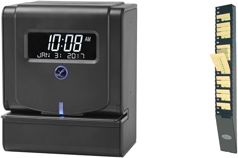 Lathem Heavy Duty Maintenance-Free Thermal Print Time Clock (2100HD), Black, 9.8 x 6 x 8 & Time Expandable Time Card Rack, Black