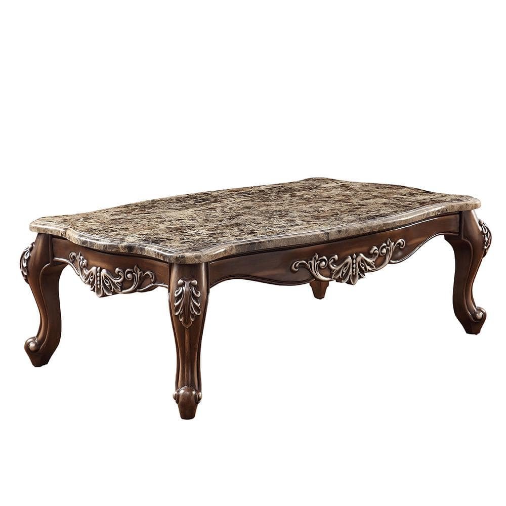 Latisha 57 in. Marble Top and Antique Oak Rectangle Marble Coffee Table