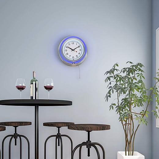 Lavish Home Neon Wall Clock- 14” Round, Double Light Ring, Battery Operated, Analog Quartz Timepiece-Retro Decor for Bar, Garage & Game Room (Blue)