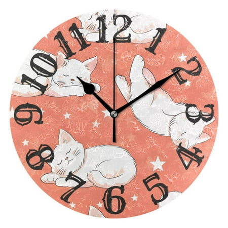 Lazy White Cats 10 inch Wall Clocks Non Ticking Easy to Read Battery Decorative for Home Bathroom Kitchen Bedroom Living Room