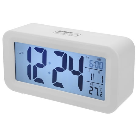 LCD Alarm Clock Upgrade Temperature Version Silent Light Multifunctional Smart Alarm Clock Mute Mini Bedside Electronic Digital Clock Radio without Battery (White)