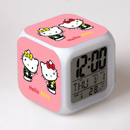 LED Alarm Clock Hello Kitty Pattern Creative Desk Table Clock Glowing Electronic Colorful Digital Clock for Unisex Adults Girl Boy Kids Children Toy Birthday Present Gift