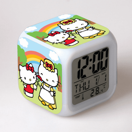 LED Alarm Clock Hello Kitty Pattern Creative Desk Table Clock Glowing Electronic Colorful Digital Clock for Unisex Adults Girl Boy Kids Children Toy Birthday Present Gift