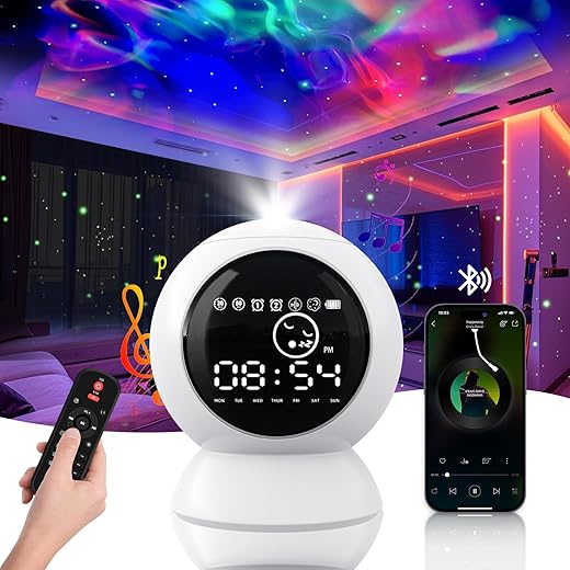 LED Alarm Clock Star Projector,Starry Moon Lamp with BT Speaker, White Noise,Timer and Remote Control Rechargeable Galaxy Night Light for Kids Bedroom,Home Decor,Ceiling