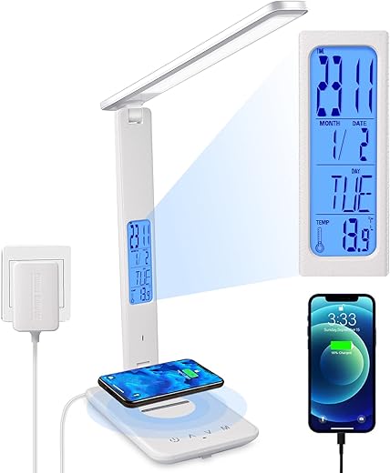 LED Desk Lamp, Desk Lamp with Wireless Charger, Suitable for Home, Office Dimmable Desk Lamp, with USB Charging Port, Built-in Clock, Calendar, Thermometer and Automatic Timing Reading Desk Lamp.