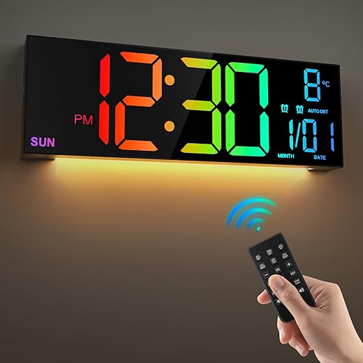 LEIKE 16.2'' Large Digital Wall Clock with Remote Control, Big LED/Dual Alarm/8 RGB Colors/Auto Brightness/Date/Auto DST/Temperature/Night Light Gym Clocks for Living Room Bedroom Office Wall Decor