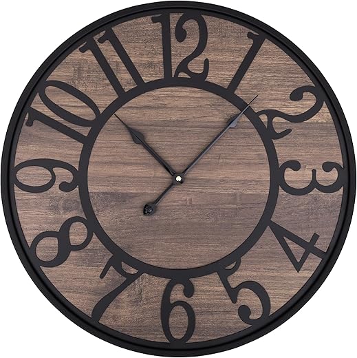 LEIKE Large Wall Clock,Silent,Non Ticking,Battery Operated Round Modern Big Wood Wall Clocks for Living Room, Bedroom,Kitchen,Farmhouse,Office,Rustic Home Decor-16 Inch/40CM-Black-Arabic Number