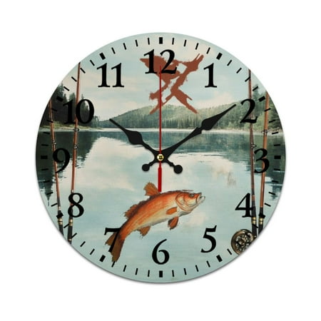 Leisuo Fish Fishing Rods Lake PVC Wall Clock with Silent Sweep Movement and Eco-Friendly Material for Living Room Decor 25cm/9.84in