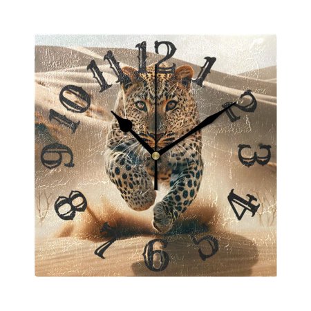 Leopard in Desert Wall Clock Square Silent Non Ticking Battery Operated Clock for Home Bathroom Kitchen Bedroom Living Room