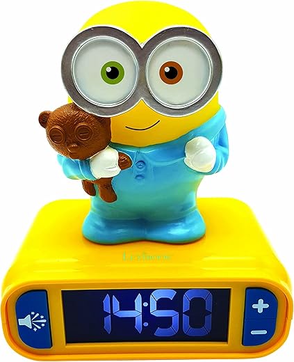 LEXiBOOK - Minions - Bob Digital Alarm Clock with Night Light - Snooze Function - Minions Sound Effects - for Children/Kids - Luminous Clock with Bob, Yellow/Blue - RL800DES