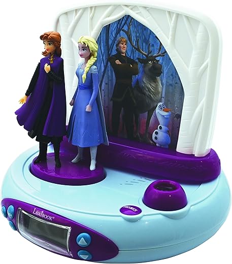 LEXIBOOK Disney Frozen 2 Elsa & Anna, Projector Alarm Clock, Night Light, time Projection onto The Ceiling, Sound Effects, Battery-Powered, Blue/Purple, One Size