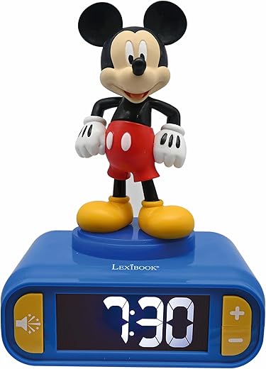 LEXIBOOK, Disney, Mickey Nightlight Alarm Clock, Sounds and Melodies, LCD Backlit Screen, Luminous, Snooze, Blue, pequeño