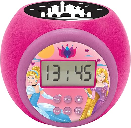 LEXIBOOK Projector Clock Disney Princess with Snooze Alarm Function, Night Light with Timer, LCD Screen, Battery Operated, Pink