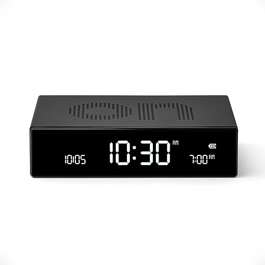 Lexon Flip Premium Digital Alarm Clock - Rechargeable Desk Clock with On/Off Faces - Snooze Function, Pure VA LCD Display, Touch & Sound Sensor, Aluminum - Black