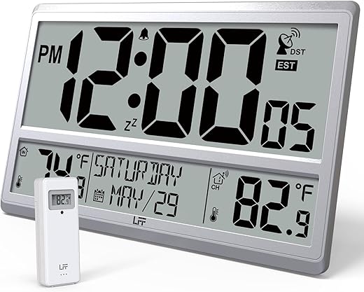 LFF Atomic Clock 4.5 Numbers, Atomic Wall Clock with Indoor & Outdoor Temperature，Never Needs Setting, Battery Operated, Date, Time, Wireless Outdoor Sensor, Jumbo Display Easy to Read