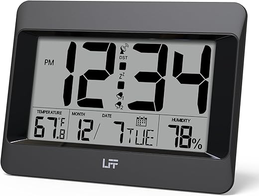 LFF Atomic Clock, Auto Set Digital Wall Clock Battery Operated, Desk Alarm Clock with Indoor Temperature, Humidity and Date, Large Display, Clock for Bedroom, Living Room, Office, Auto DST