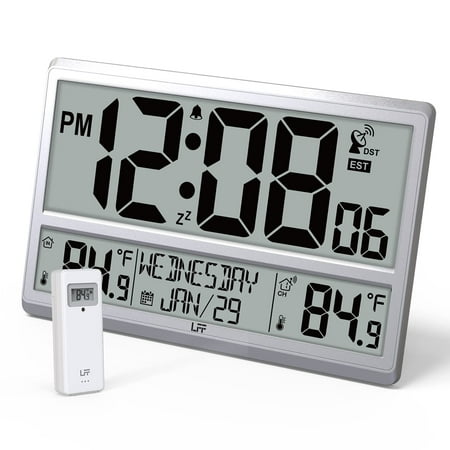 LFF Atomic Clock, Digital Wall Clock with Indoor & Outdoor Temperature, Date, Time, Alarm Clock. Atomic Wall Clock with Wireless Outdoor Sensor, Jumbo Display Easy to Read