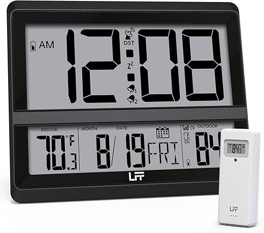 LFF Atomic Clock Large Display, Digital Wall Clock with Indoor Outdoor Temperature and Date, Wireless Outdoor Sensor, Digital Desk Alarm Clock Battery Operated for Bedroom, Easy to Read, Black