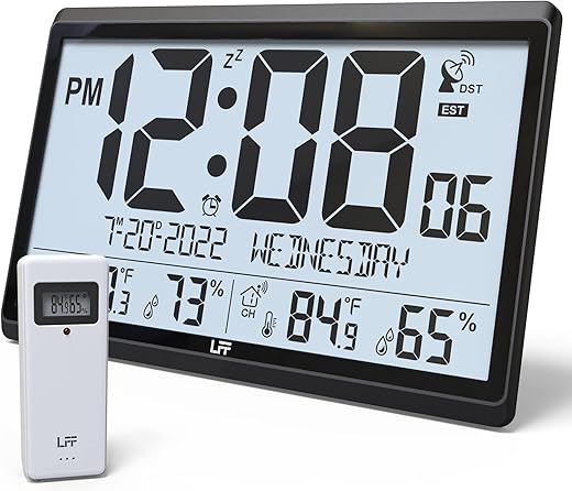 LFF Atomic Clock/Never Needs Setting, Battery Operated, Atomic Wall Clock with Indoor/Outdoor Temperature & Humidity, Wireless Outdoor Sensor, 15