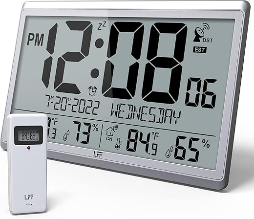 LFF Atomic Clock/Never Needs Setting, Digital Wall Clock with Indoor Outdoor Temperature & Humidity, Battery Operated, Wireless Outdoor Sensor, Atomic Wall Clock with 4.5