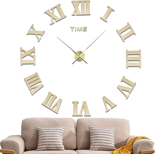 LIDNADY DIY Wall Clock,3D Frameless Wall Clock,Large Modern Design Decor Sticker DIY Wall Clock Kit for Bedroom Living Room Home Decorations,Adjustable Size and Easy to Assemble (Roman Gold)