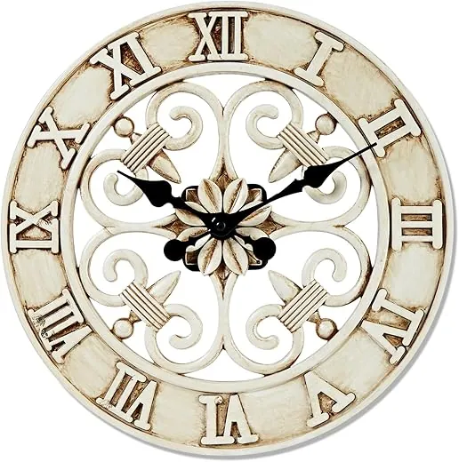 Lily's Home Hanging Wall Clock in a Vintage French Country Style, Ideal for Indoor and Outdoor Use, Makes a Great Housewarming Gift, (13 Inches)